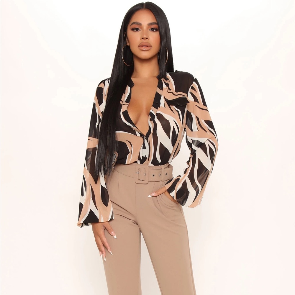 ~Chiffon Coalescence:Taupe&Black Business Blouse~